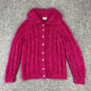 Vintage Mohair Cardigan Sweater Handknit Pink Wool Made in Scotland